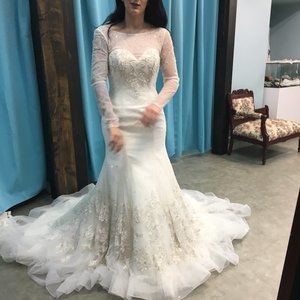 NEW Alfred Angelo Long Sleeve Lace Wedding Dress, Ivory Size 4, Mermaid